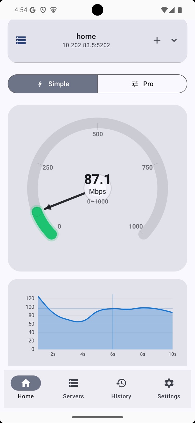 iPerf3 speed test showing 87.1 Mbps with a real-time bandwidth chart