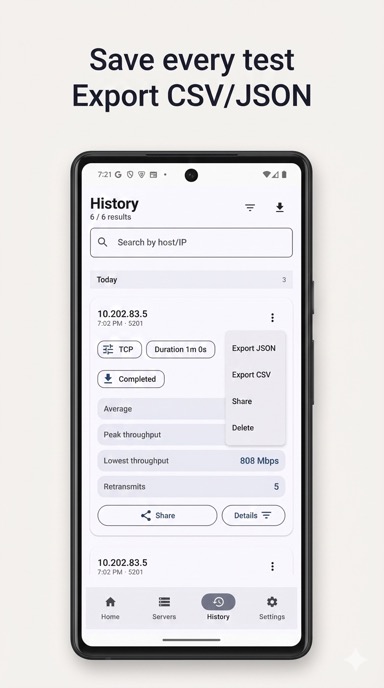 Test history with search and CSV or JSON export